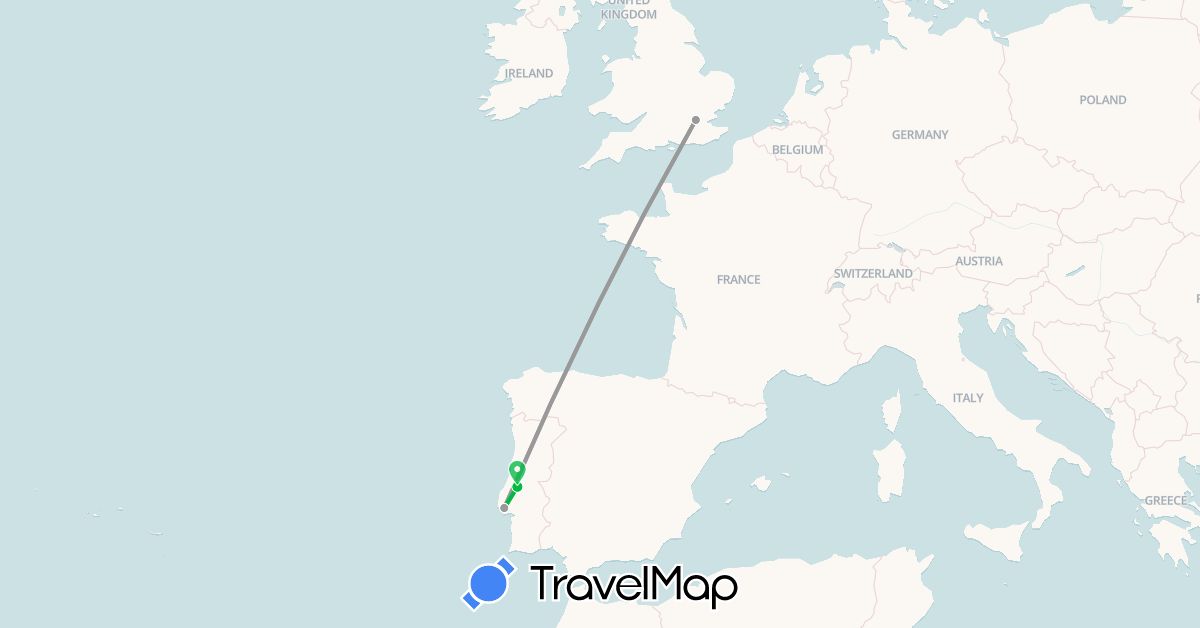 TravelMap itinerary: driving, bus, plane in United Kingdom, Portugal (Europe)